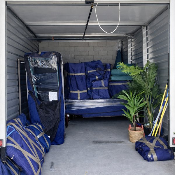 Mover organizing inside moving truck